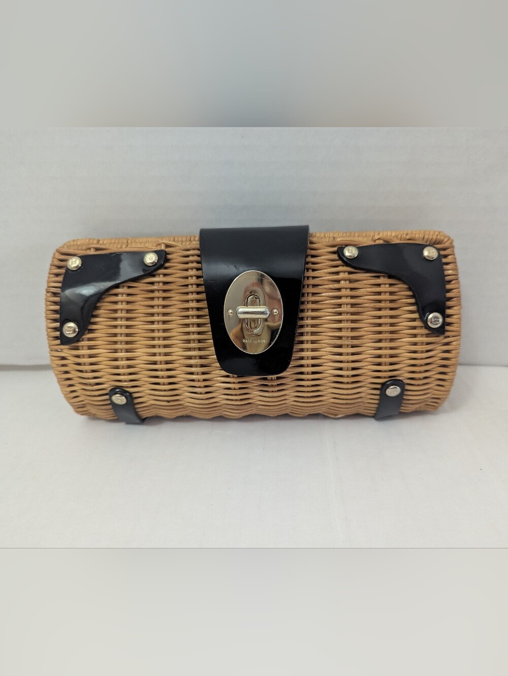Kate Spade Bag 9" Wicker Rattan Natural Tan Clutch Black Patent Leather